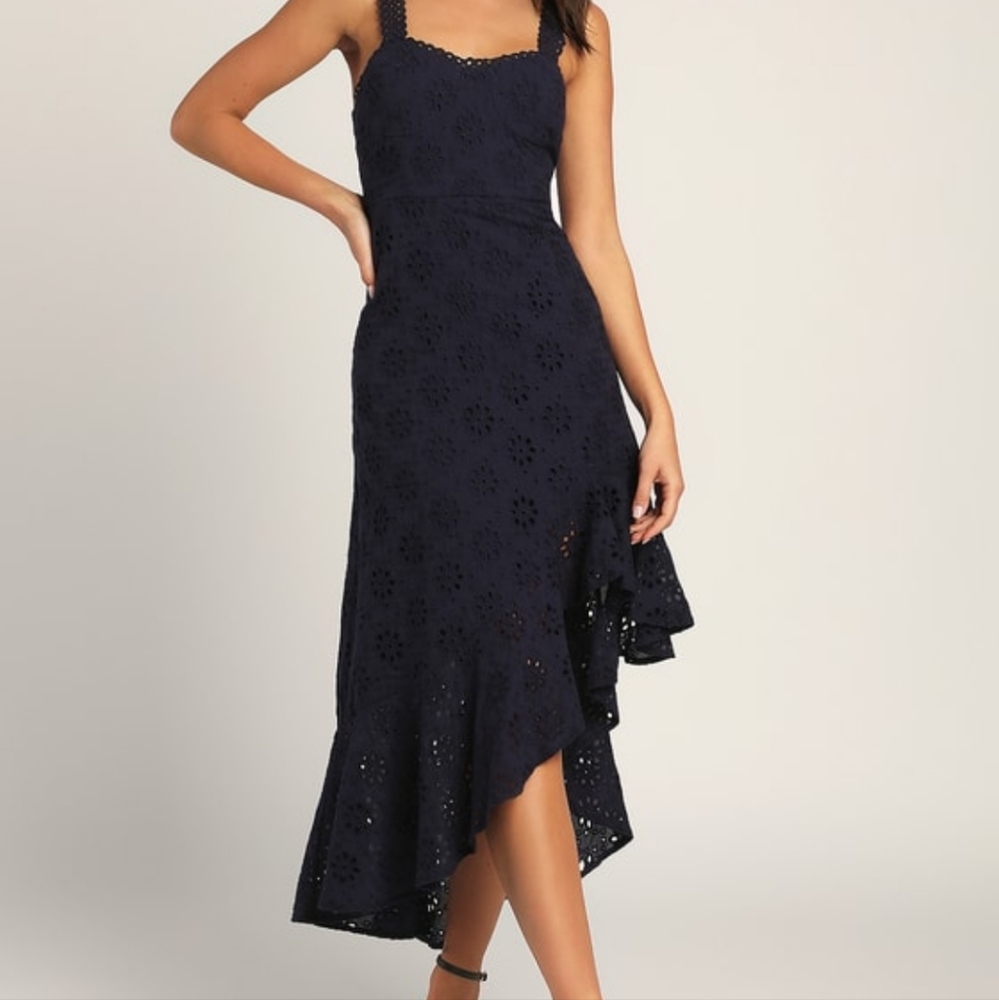 Lulus Adoring Days Navy Blue Eyelet Ruffled Asymmetrical Dress